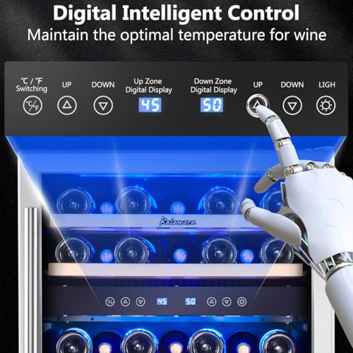 kalamera 24 inch wine cooler 46 bottle - dual zone built-in or freestanding fridge with stainless steel reversible glass door for home kitchen or office