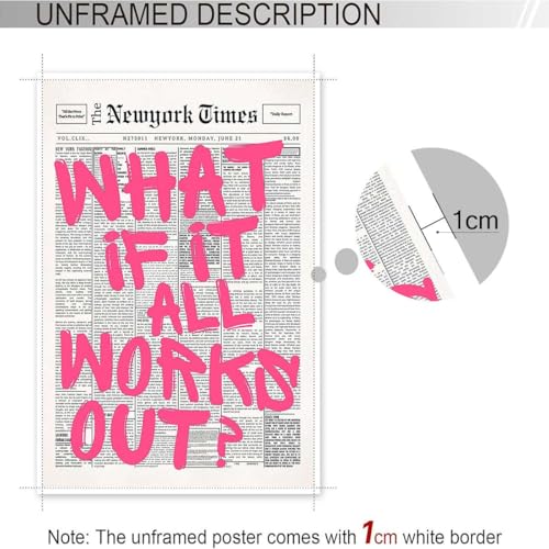 Image of Drimiler Retro Newspaper Pink Font Poster What If It All Works Out Canvas Wall Art Positive Affirming Quote Minimalist Prints Painting For Home Bedroom Dorm Wall Decor 16x24in Unframed