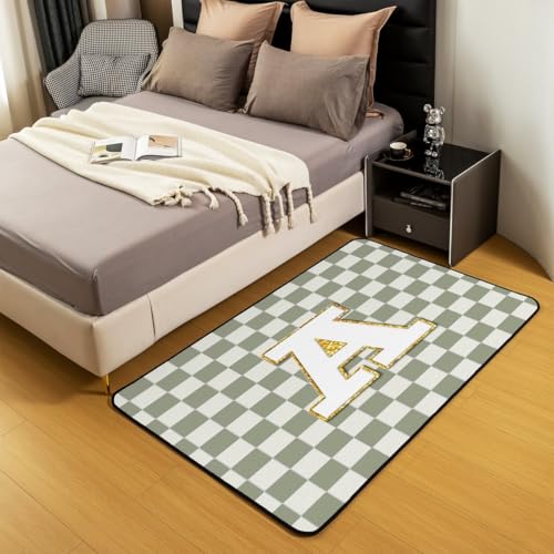 Image of Erosebridal Sage Green Checkered Area Rug 5x7 Plaid Initial A Rug for Bedroom Living Room Personalized Monogram Carpet Decor Fashion Grids Gingham Indoor Floor Mat Non Slip
