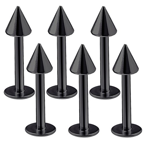 Bodyjewellery LABRET AN BK 1.2X6810 CONE L6 C3 8MM 6Pcs 16G Labret Stud Lip Ring Cartilage Tragus Snakebite Monroe Triple Forward Helix Conch Medusa Lobe Black Spike cover