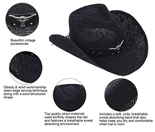 Livingston Men & Women's Woven Straw Cowboy Hat Cowgirl Western Hat Cowgirl Hats Black Cowboy Hat Cow Girl Hat Cowboy Hat Men, Black #TOP3