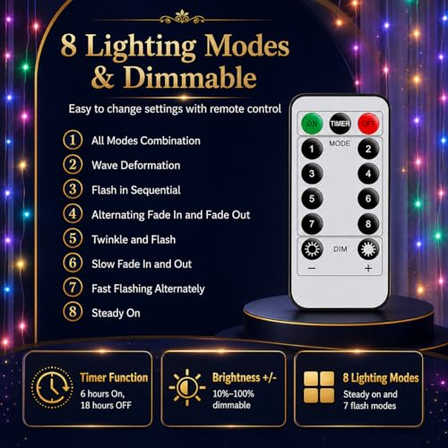 Image of One94Store Fairy Curtain String Lights, 300 LED USB Powered Fairy Lights with Remote, 8 Modes, Window Wall Decor for Bedroom, Party, Diwali & Christmas - 3x3m Multicolor