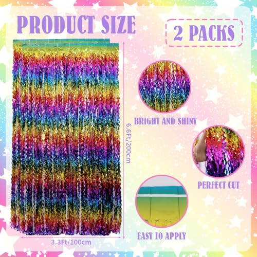 Image of TONIFUL 2Pcs Wavy Rainbow Metallic Tinsel Foil Fringe Curtain Streamer