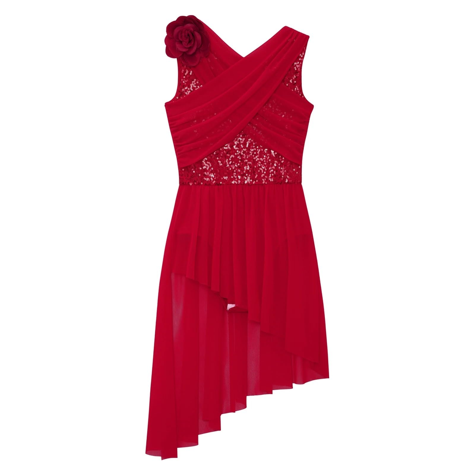 Disfraz Gimnasta NiñA Traje de Baile lírico con Lentejuelas for niñas, Vestido de Malla Transparente superpuesta, Vestido de Gimnasia, Patinaje artístico, Baile Latino, cha-cha, vals(Pink,12)