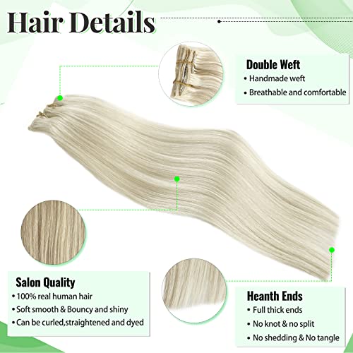 Image of Platinum Blonde Clip in Hair Extensions Real Human Hair Blonde 70g 5pcs Remy Hair Extension Clip ins Double Weft Handmade Straight Seamless Clip in Extensions for Women Thick Ends 16 Inch