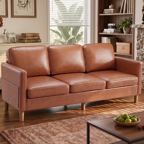 Image of 80 inch Faux Leather Sofa Mid Century Modern 3 Seater Couch for Living Room | Removable Seat & Backrest Covers, Side Storage Pocket, Wood Legs, Office, Apartment, Bedroom
