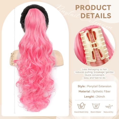 Image of 24 inch Ponytail Extension, Long Curly Wavy Claw Clip and Natural-Looking Synthetic Hairpiece, Voluminous Pony TailHair Extensions for Women Daily Wear. (Deep Pink, 24Inch)
