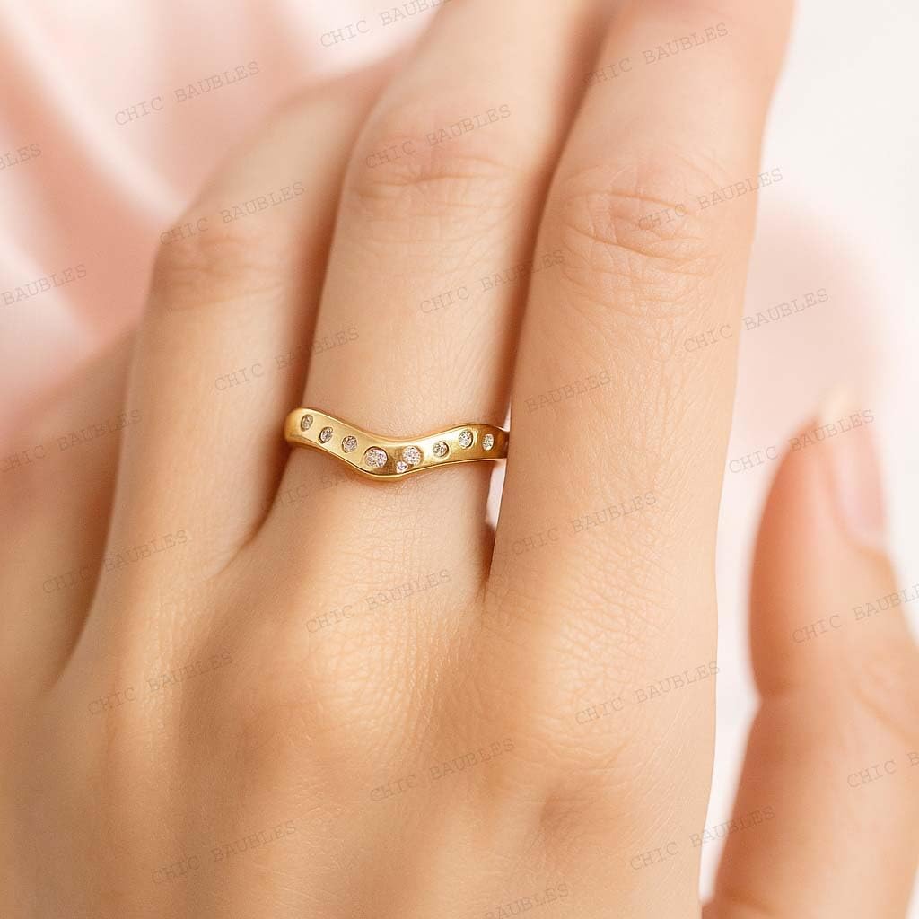 Curved Gold Wedding Band for Women 14K Gold Plated 925 Sterling Silver Scatter CZ Ring Dainty Stacking Ring Matching Engagement Band Christams Gift For Wife