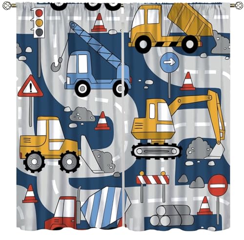Construction Truck Curtains Rod Pocket Cartoon Excavator for Boys Kids Child Machinery for Living Room Bedroom Window Drapes Treatment Fabric Set 2 Panels,42x45 Inches