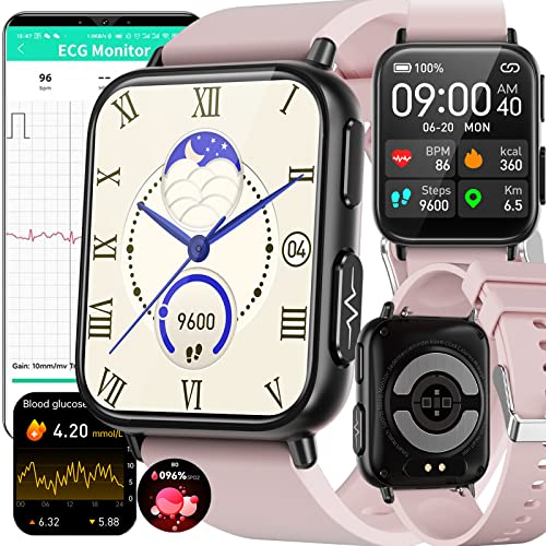 EKG Smart Watch Blutzucker, Blutzucker 24/7 Herzfrequenz Temperatur SpO2 Druck Schlafmonitor, 4,8 cm Fitness Tracker für iOS Android, 9 Sportmodi IP68 wasserdicht