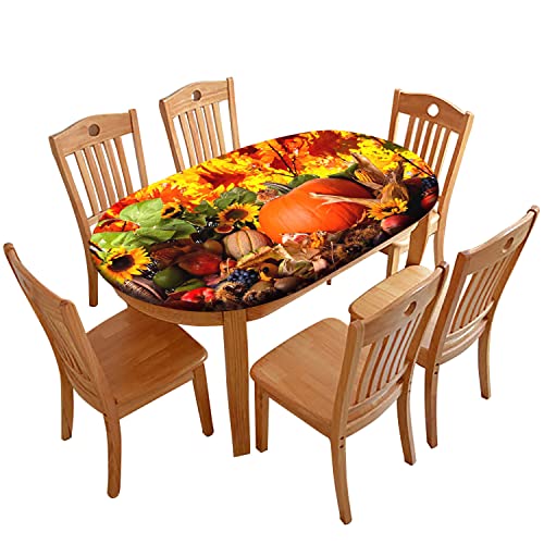 RenteriaDecor Thanksgiving Oval Fitted Tablecloths, Pumpkins with Sunflowers Pattern Print Elastic Edged Table Cover, Windproof Cloths for Dining Decor, Fits to 42x60 in, Orange