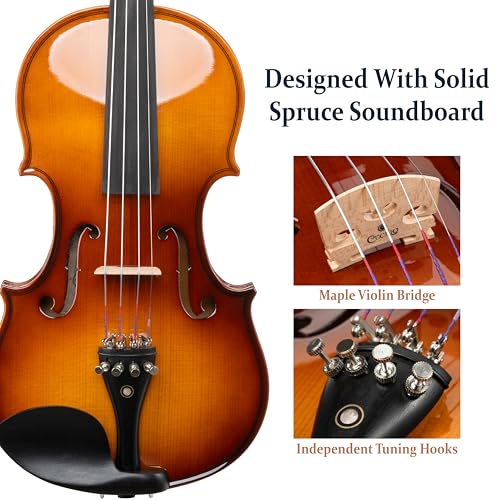 Image of Cecilio 1 /2 Violin Solidwood Violin with Hard Case, Bow, Rosin, Tuner, Shoulder Rest & Lesson Book - Ideal for Beginners