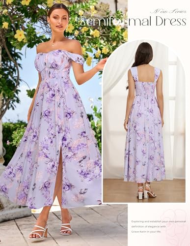 Image of GRACE KARIN 2026 Women's Summer Floral Wedding Guest Dress,Beach Flowy A Line Maxi Off Shoulder Bridesmaid Dresses