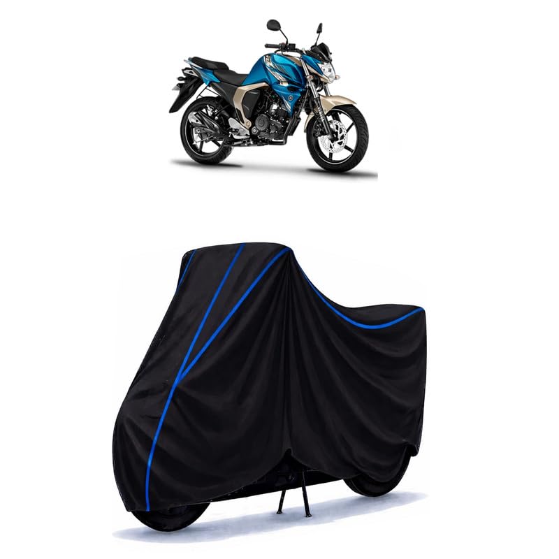Image of FZ S V3 Bike Cover Water Resistant Universal Motorcycle Rain | Heavy Duty UV Protection, Dust, Scratch Indoor Outdoor All Weather with Black Blue Piping Elastic