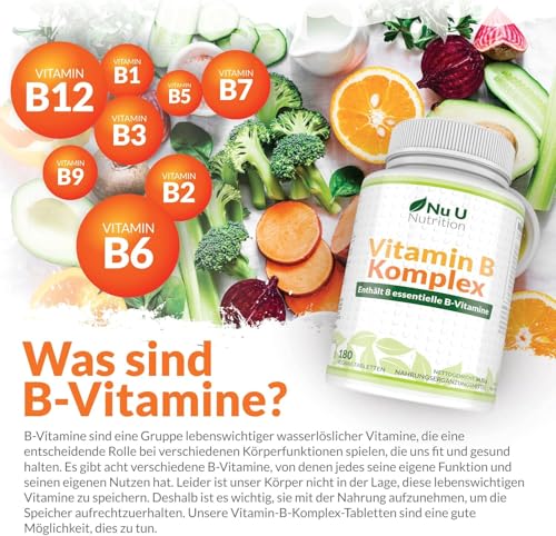 Vitamin B Komplex - 180 Vegan Tabletten - Alle 8 B Vitamine in einer Tablette - 6 Monate - Vitamine B1, B2, B3, B5, B6, B12, Biotin & Folsäure - Nahrungsergänzungsmittel von Nu U Nutrition