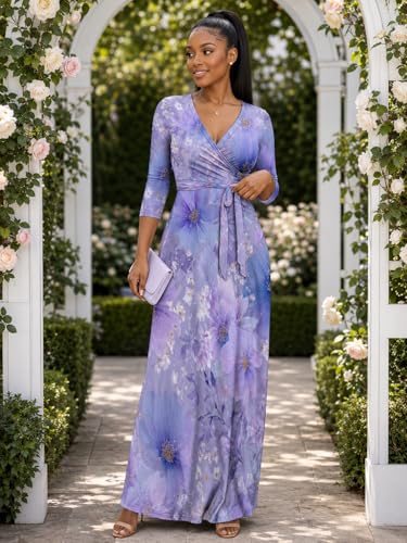 Image of PinkPatty Plus Size Maxi Dresses for Women Casual Flowy Long Dress 3 /4 Sleeve V Neck Wrap Dress with Belt