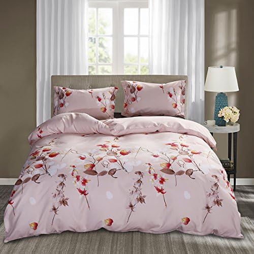 3 Piece Duvet Cover and Pillow Shams Bedding Sets, Hypoallergenic Breathable Soft Microfiber Pink Leaf Printed with Hidden Zipper and Tieback (King)