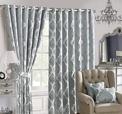 Jacquard Curtains Ring Top Eyelet Curtain Pair Floral Fully Lined With Tiebacks (Grey, 46 x 54 Inch)
