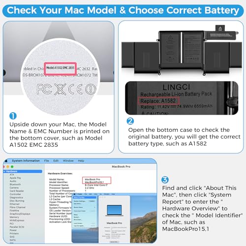 Image of A1502 Battery, A1582 A1493 Battery Replacement for MacBook Pro 13 Inch Retina A1502 (Mid 2014 Early 2015 Late 2013) (Upgraded High Performance 11.42V 74.9Wh 6559mAh Li-Polymer)