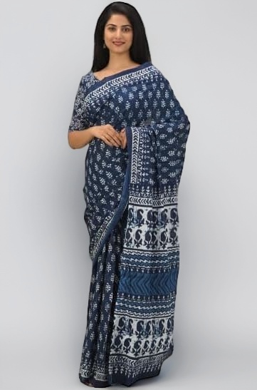 JALTHER Handicrafts Women's Ikat Hand Block Print Jaipuri Cotton Mulmul Saree with Blouse Piece