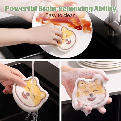 Image of JOYMOOP Cartoon Kitchen Sponge, Cellulose Sponges for Cleaning, 4 Pack Non-Scratch Sponges for Washing Dishes, Reusable Sponge for Kitchen, Bathroom and Office - Doggy Pattern