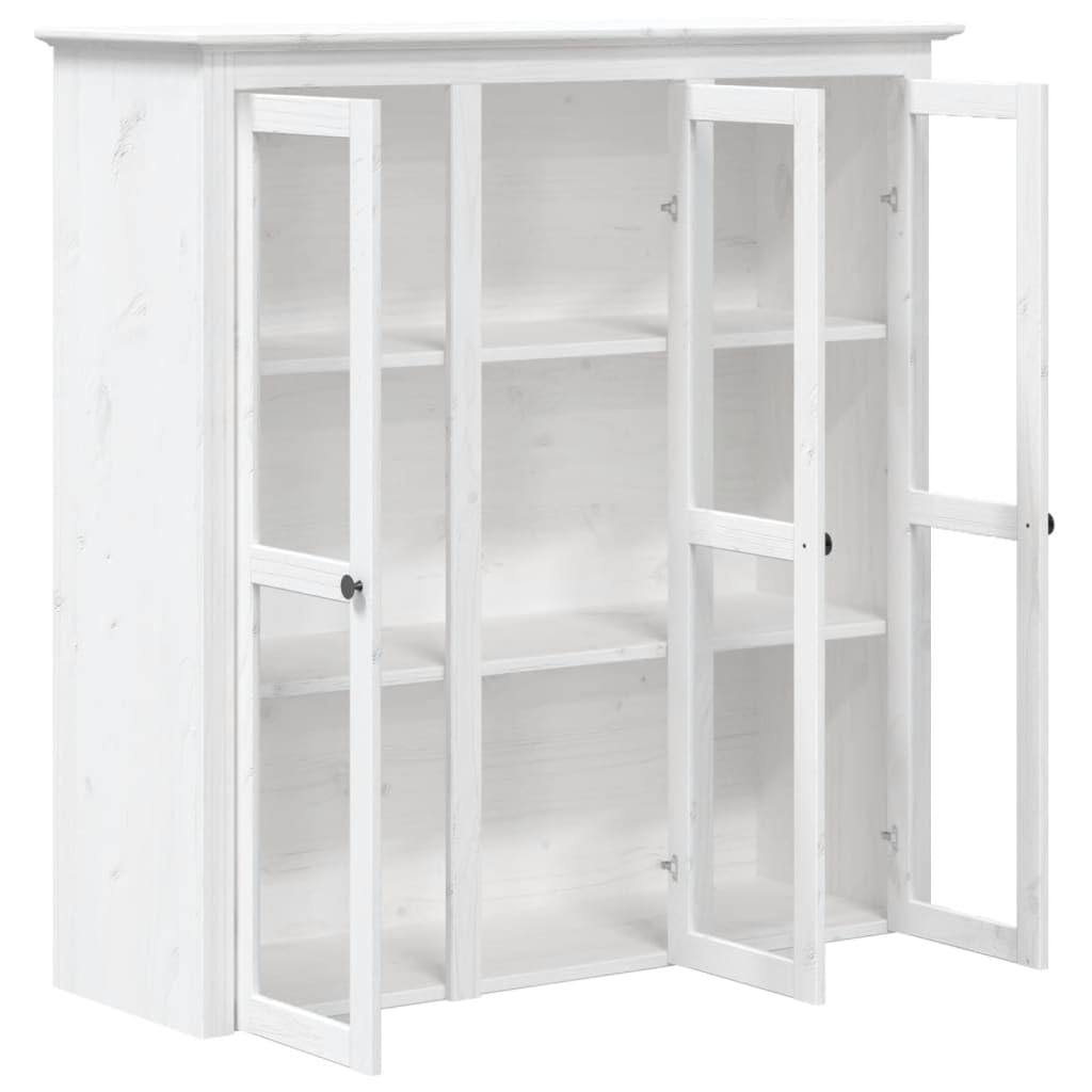 Armario de vitrina BODO con puerta de cristal de madera maciza de pino en blanco, uso versátil como accesorio para aparador o cómoda, con asas de metal y muchos estantes
