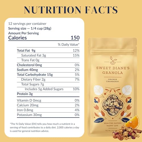 Image of Sweet Diane's Granola - Standard Size (12 oz): Organic, Low-Sugar, High-Fiber, Gluten-Free, Vegan, Delicious Breakfast and Snack Topper (Classic Size, Orange Cranberry)