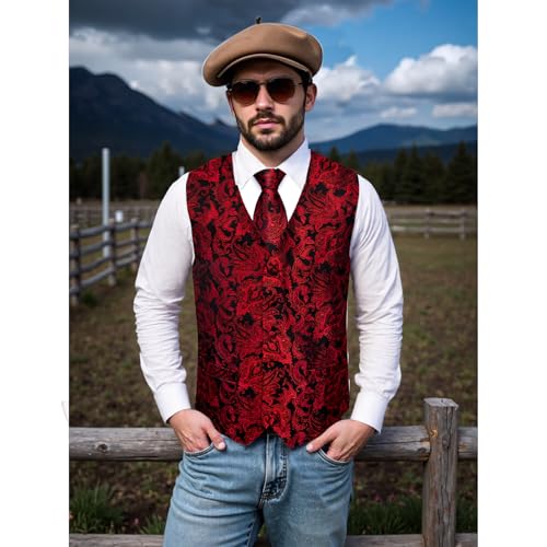 Mens Victorian Vest Tie Set Silk Paisley Suit Vests Formal Waistcoat Gothic Steampunk Vest with Notched Lapels3