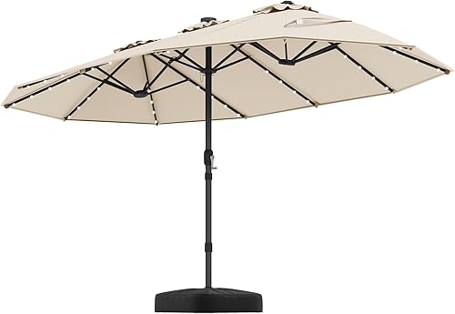 TANGKULA Sombrilla de patio de doble cara de 15 pies con luces solares, sombrilla extra grande con 48 luces LED y panel solar de carga automática,