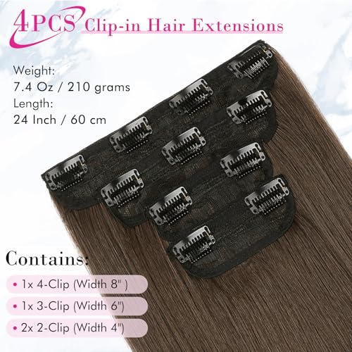 REECHO Brown Hair Extensions, 4PCS Clip in Hair Extensions, 24" Thick Long Straight Hairpieces for Women, Light Chocolate Brown - Thumbnail 3