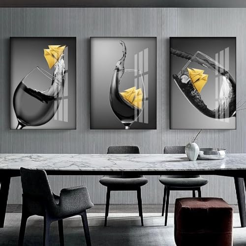 Impressions sur toile KEBIA verre à vin noir blanc jaune 40x60 cm x 3