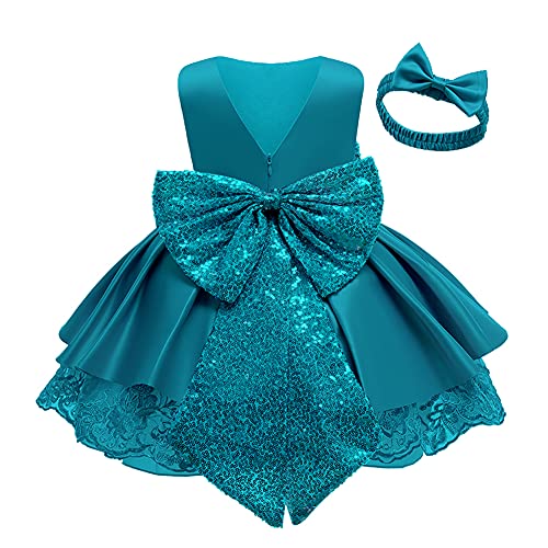 Flower Girl Sequins Bowknot V-Back Tutu Christening Baptism Communion Dresses for Kids Baby Princess Pageant Wedding Bridesmaid Birthday Party Dance Evening Gown with Headband Teal blue 4-5 Years