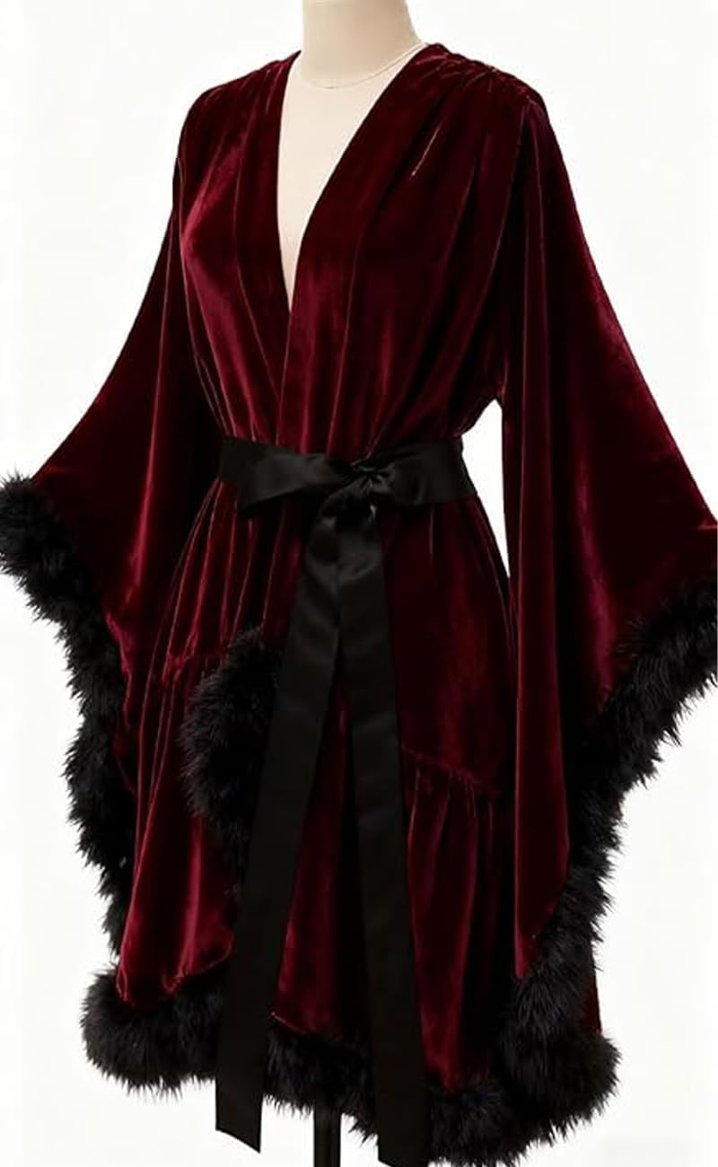 Women's Velvet Feather Bridal Robes Old Hollywood Maternity Photoshoot Nightgown Bathrobe Long Lingerie - Image 2