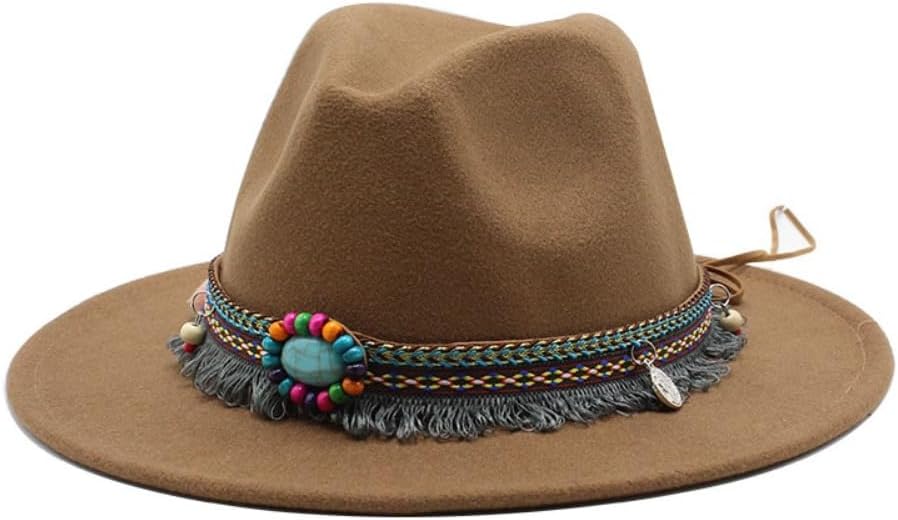 Western Wool Felt Fedora Hat, Olive Green with Bohemian Band, Turquoise Stone Accent, Wide Brim Cowboy Style