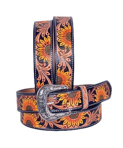 Western Leather Belt Hand Finished Sunflower pattern Unisex Belt, Removeable Buckle 30IS004