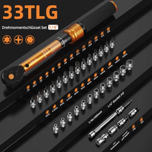 Drehmomentschlüssel Fahrrad 1/4 Zoll, 3-25 Nm, ±3% Fehlergenauigkeit, 72 Zähne Ratsche, 33TLG Torque Wrench Set für Motorrad und Bike, inklusive Verlängerungsstangen, 1/4\- 3/8\ Adapter, Stecknüsse