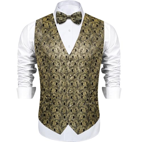 Image of DiBanGu Mens Paisley Suit Waistcoat,Silk Dress Vest and Bowtie Pocket Square Cufflinks with Lapel Pin Set for Wedding Tuxedo