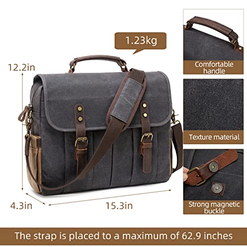 Vintage Mens Messenger Bag 15.6 inches Waterproof Genuine Leather Waxed Canvas Satchel Shoulder Bag Briefcase Laptop Bag with Charging,Headset Port Gray - Image 4