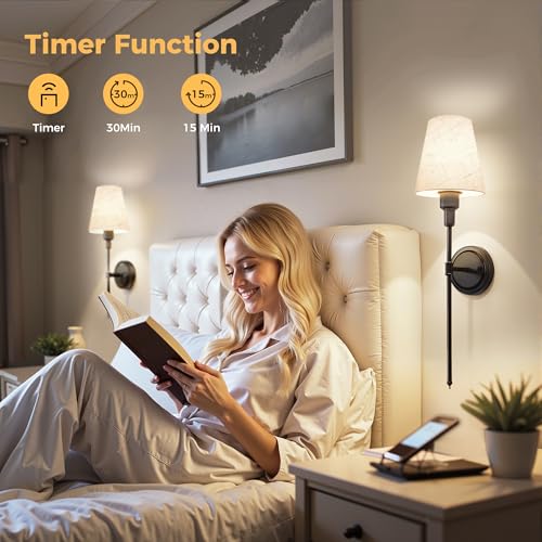 Image of DORESshop Battery Operated Wall Sconce Set of 2, 7 Color Wireless Wall Light Easy to Install, Sconce Wall Decor Set of 2 for Bedroom, Living Room, Fabric Linen Shade, Black, 24.6in