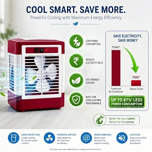 Image of Drumstone Red Desert Cooler | Portable Evaporative Air Cooler with 3-Speed Fan, Wide-Angle Oscillation, Remote Control & 4L Water Tank | Energy-Efficient Cooling for Home, Office & Outdoor Use