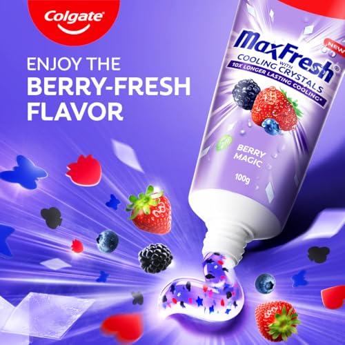 Image of Colgate MaxFresh Berry Magic Fluoride Toothpaste, Berry Flavoured Gel Toothpaste with Ultrafreeze Technology for Intense Freshness, 10x Longer-lasting Cooling 200 gm (Pack of 2 x 100g)