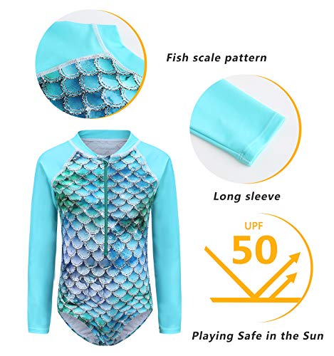 Image of Girls Long Sleeve Rash Guard One Piece Swimsuit Kids UPF 50+ Sun Protection Swimwear Rainbow Striped Bathing Suit 3-14 Years