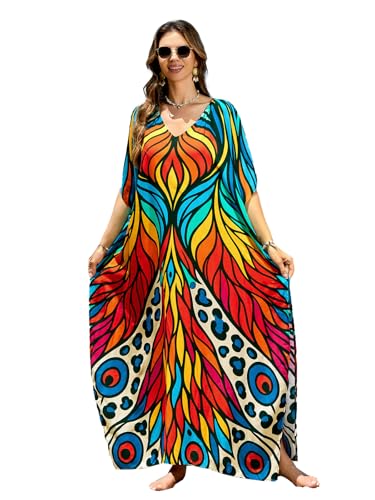 Image of sunforyou Kaftan Dresses for Women Plus Size Lightweight Swimsuit Cover up Batwing Sleeve Print Loungewear Beach Robe