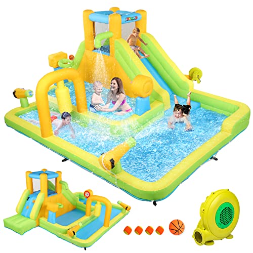 Bonnlo hüpfburg Indoor/Outdoor hüpfburg mit Gebläse und Troken-/Wasserrutsche Spielhaus Outdoor für Kinder ab 3 Jahre (Gelb und Grün-XXL)