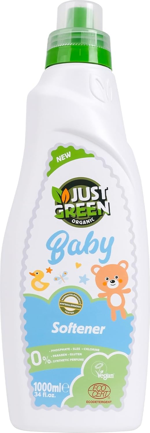 Just Green Organic Baby Fabric Softener - Allergen-Free Herbal Fabric Conditioner with Lavender, Extra Gentle for Babies & Children, Safe for Coloured & White Clothes - 1000ml