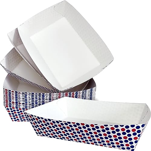 Heavy Duty, Grease Resistant 3 Lb Paper Food Trays 100 Pack. High Capacity Durable Boats. Blue and Red Polka Dot Disposable Plates. Paperboard Basket for Festival, Carnival and Concession Stand Treats
