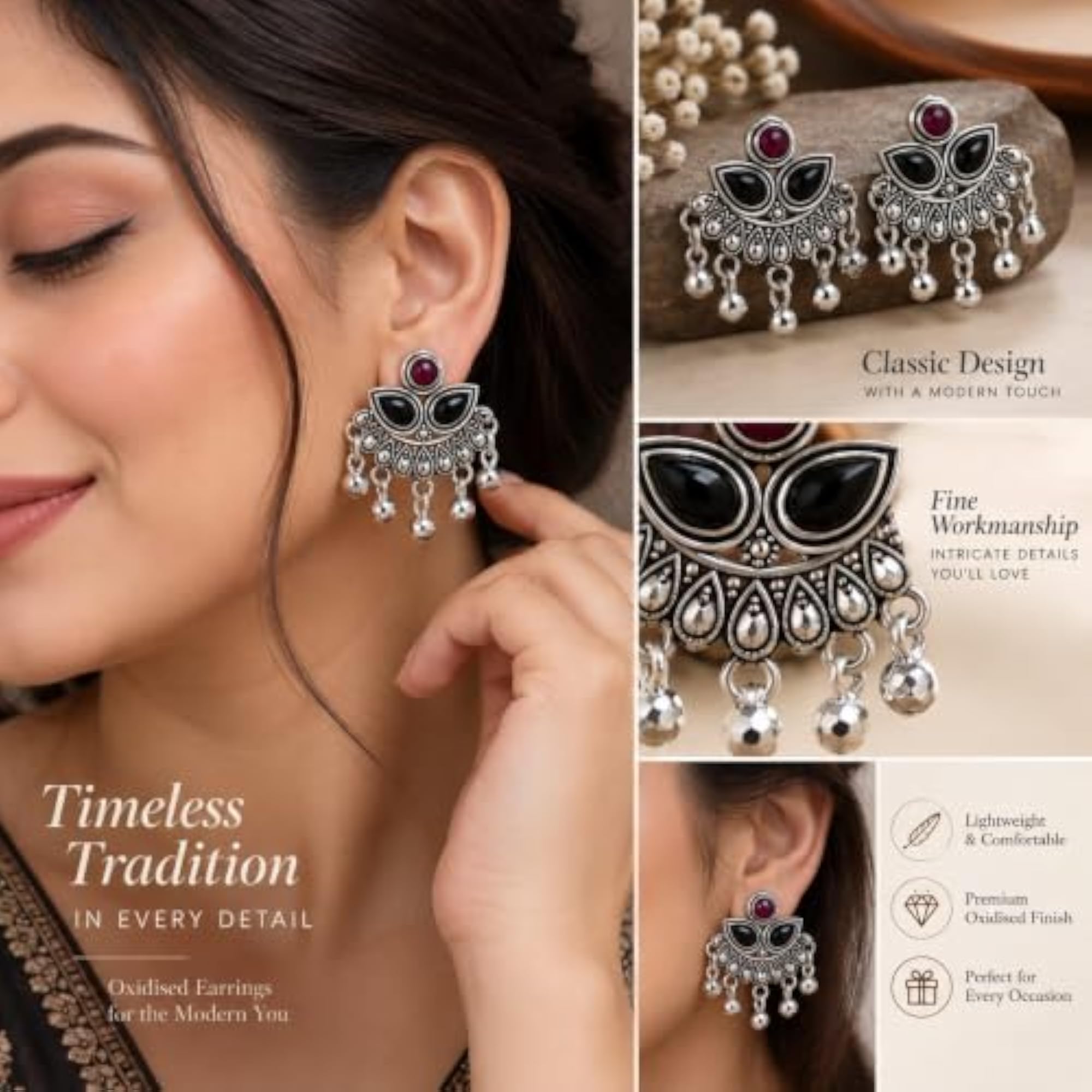 Set of 12 Oxidized Stud Earrings for Women