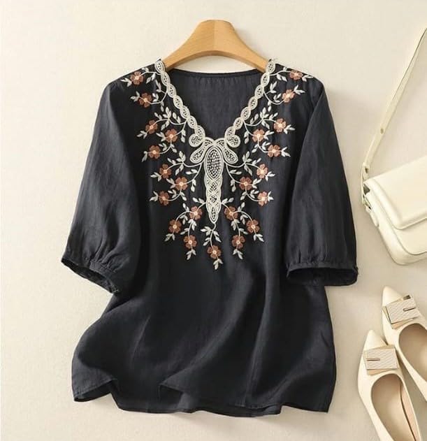 Image of RIEKA Womens Embroidered Korean Style Tunic Top, Floral Thread Work | V Neck | Puff Sleeves | Relaxed Fit Casual | Fusion Rayon Top for Every Day Styling