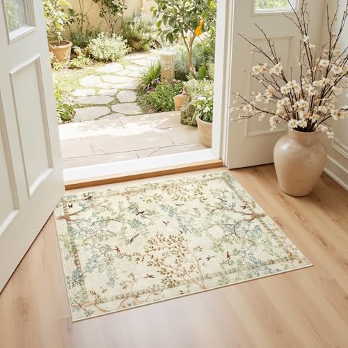 jinchan Yarden Botanical Birds Tapete 2x3 Ivory Lavable