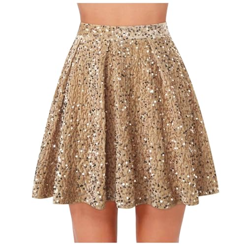 Womens Sequin Skirt Stretchy High Waisted Skirt Sparkly Pleated Midi Skirts A-line Ruffle Hem Casual Party Skirts